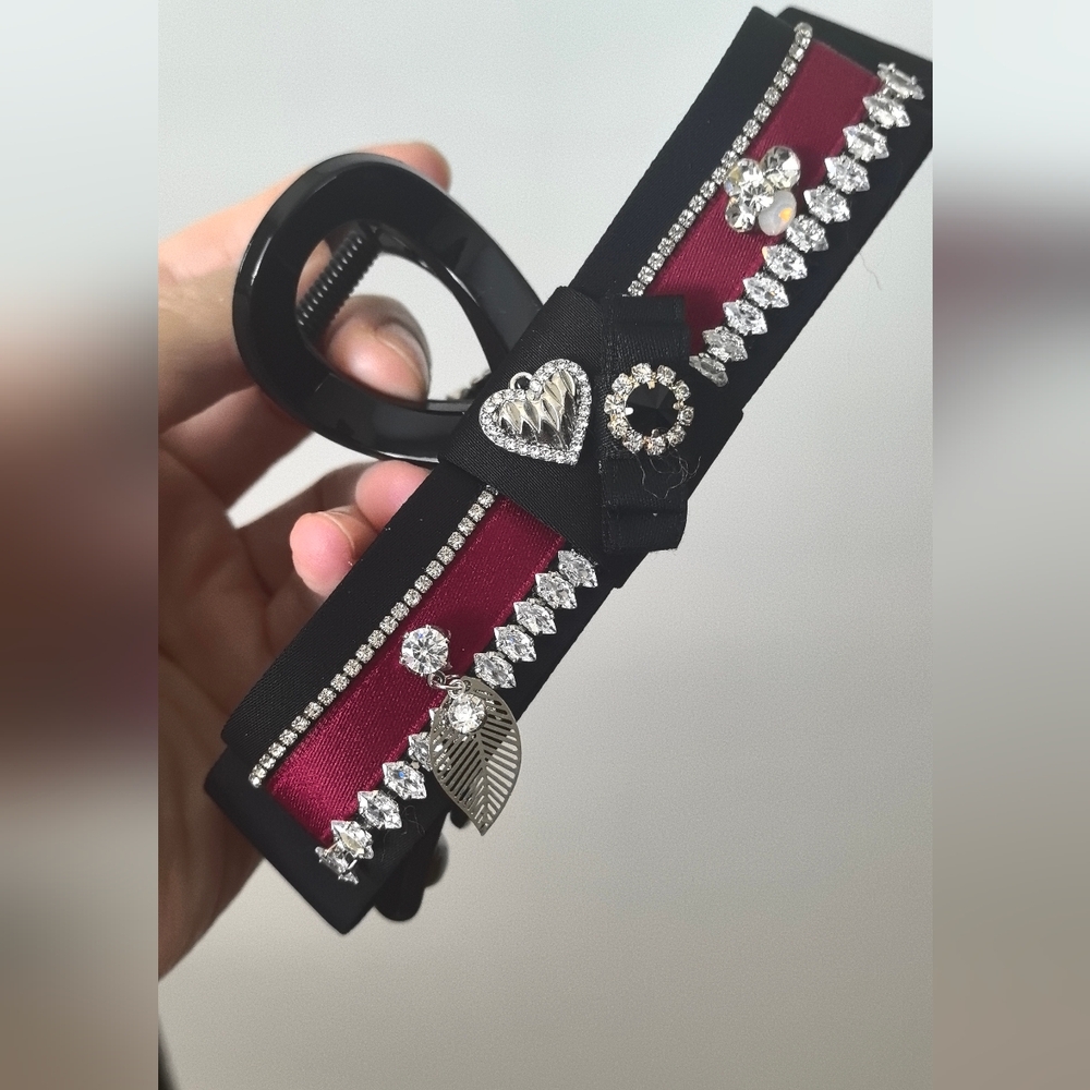 Elegant Black and Red Hair Clip with Rhinestone Accents